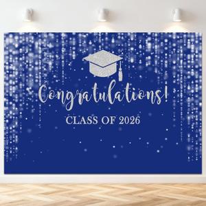 Mocsicka Class of 2026 Backdrop Blue Silver Glitter Bokeh Graduation Party Background 2026 Congrats Grad Prom Party Cake Table Decoration Photo Booth Props (8x6ft)
