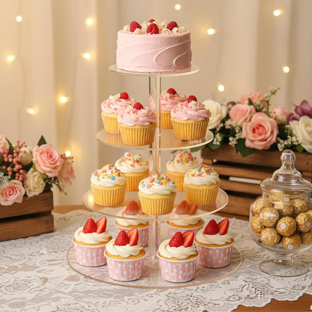 Cupcake Stand 4 Tier Round Acrylic Cupcake Display Stand Holder for 28 Cupcakes Clear Acrylic Cupcakes Holder for Birthday, Wedding, Baby Shower, Party