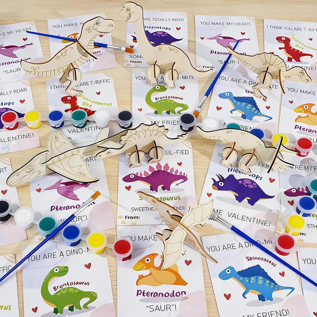 TORONTOKYO Valentines Day Gifts for Kids, 28 Pack Dinosaurs Wood Painting Craft Kits with Dino Valentines Cards, Paint & Brush - Classroom Valentines Exchange Cards for Kids School Party Favors