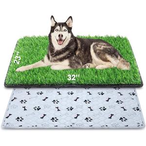 Dog Grass Mat with Pee Pad 32×23", Medium Dog Litter Box Indoor Artificial Turf Grass Porch Waterproof Patio Potty Tray for Doggie Reusable Washable Pads and Lawn for Replacement for Puppy Training