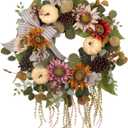 Fall Pumpkin Sunflower Pinecone Wreath for Front Door 24 Inch, Farmhouse Autumn Harvest Wreath with Bow & Eucalyptus, Fall Thanksgiving Decor for Home Door Wall Porch Window Indoor/Outdoor