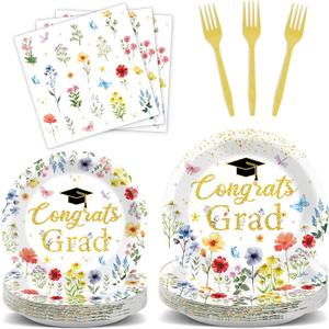 96Pcs Wildflower Graduation Party Decorations 2026 Congrats Grad Floral Paper Plates Napkins Flower Class of 2026 Disposable Tableware for College High School Grad Party Supplies Table Decor Serves 24