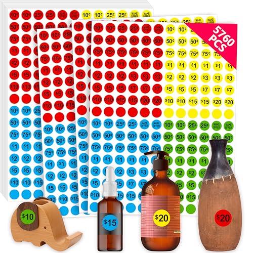 5760 PCS Pre-Priced Pricing Stickers, Sale Labels in 4 Bright Colors (Yellow/Red/Green/Cyan), Price Tag Stickers for Yard/Garage Sale, Flea Market (3/4” in Diameter), Set of 4