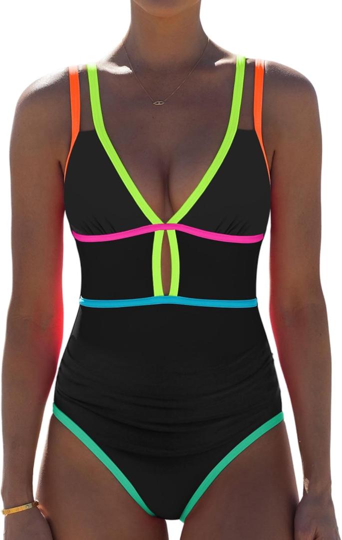 popvil Women One Piece Swimsuit 2025 Tummy Control Sexy Cutout Neon Color Block Bathing Suit Slimming Adjustable Swimwear (Small, Black)