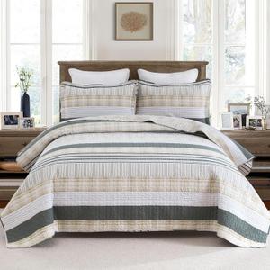 Homzard Quilts Queen Size - Cotton Queen Size Comforter Sets, Beige Grey Cotton Bedding, Striped Plaid Comforter Bedspread (90 * 98 Inches),3 Piece (02-5 Cream/Grey)