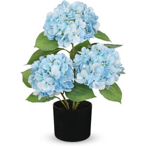 Hollyone Light Blue Hydrangea Artificial Flowers Plant Potted 19.7" Faux Silk Hydrangea Flower Tree Arrangements for Home Bathroom Office Table Centerpiece Shelf Decorations (3 Head Hydrangea)