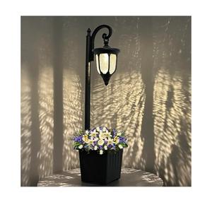 Solar Lamp Post Light with Planter, Outdoor Solar Lights with Crackle Glass, Matte Black Outdoor Flower Pots, 2 in 1 Solar Post Lights Waterproof for Porch Garden Patio