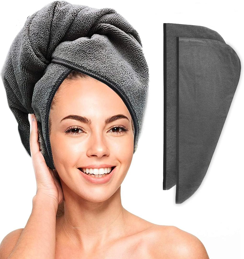 Scala Turban Hair Towel Wrap for Women - Microfiber, Fast Dry, Super Absorbent, Anti-Frizz, Tangle-Free, Quick Drying and Plopping for Wet Curly Hair, Gray, 2 Pack