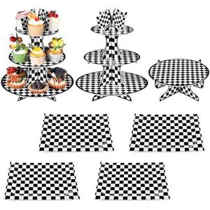 Zopeal 7 Pieces Racing Car Theme Cupcake Stand Set 3-Tier Cardboard Cupcake Display 1-Tier Cake Stand Round Dessert Display Rectangle Serving Tray Reusable Platters for Birthday Party