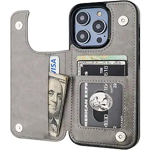 Compatible with iPhone 14 Pro Wallet Case with Card Holder, PU Leather Kickstand Card Slots Case, Double Magnetic Clasp (Gray)