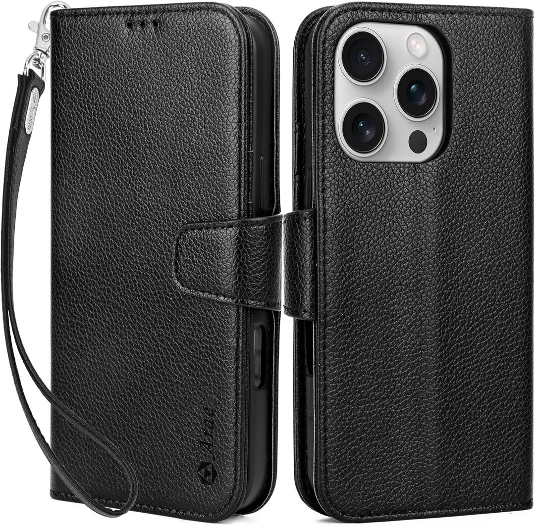 Arae Compatible with iPhone 16 Pro Max Case Wallet with Card Holder, Wristlet Strap Wallet Flip Cover for iPhone 16 Pro Max 6.9 inch Men/Women, RFID Blocking, Kickstand,Litchi Black