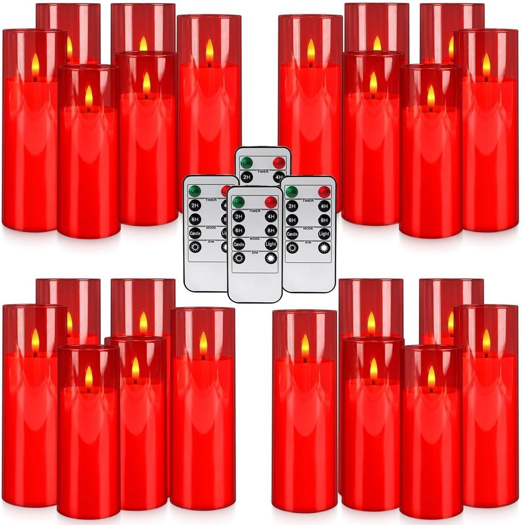 24-Pack Red Flameless LED Candles - Remote Control & Timer, Realistic Flickering for Chinese New Year Decor, Valentine's Day, Romantic Home Ambiance, Fireplace Mantel & Festive Centerpieces
