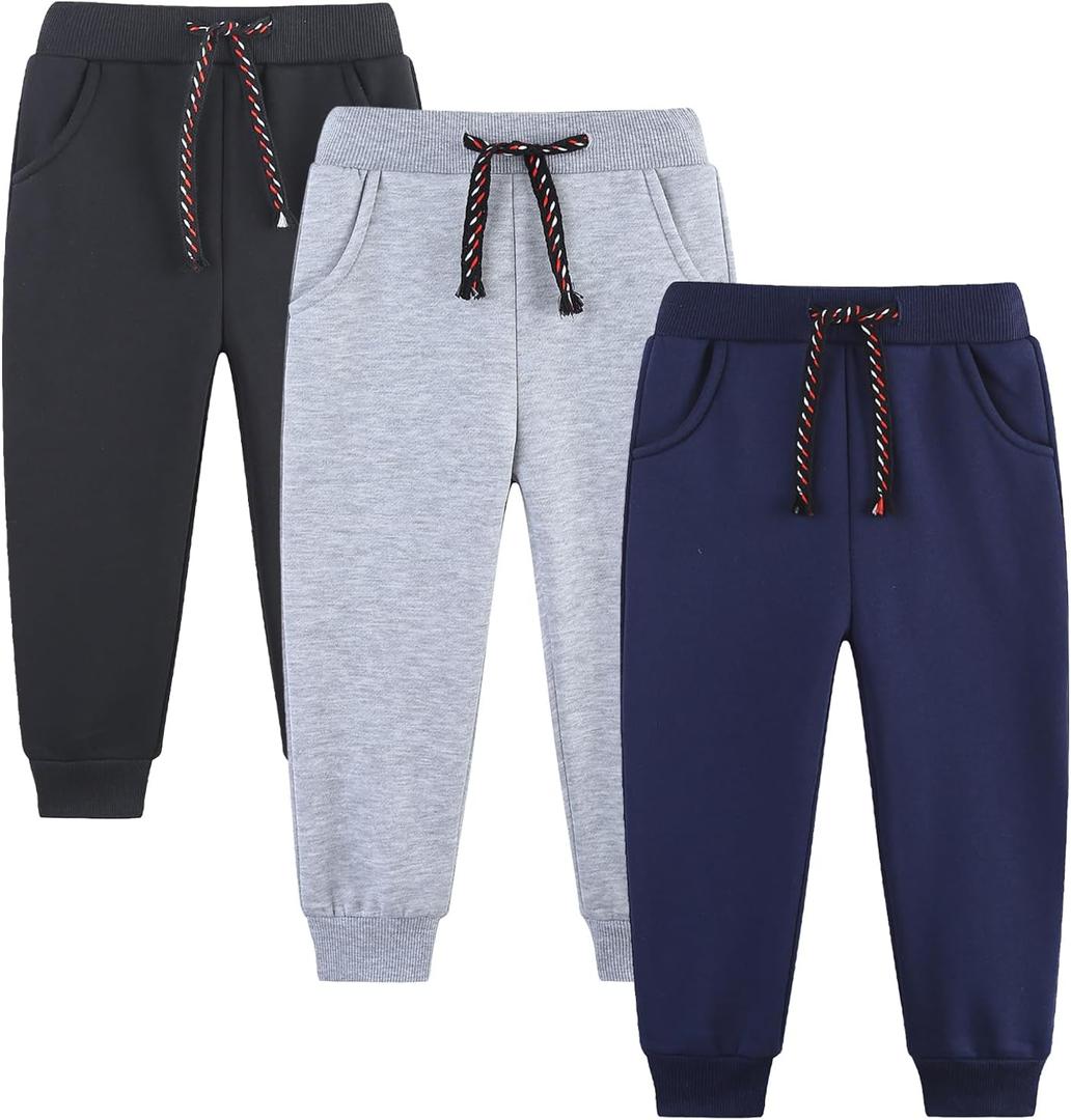 3 Pack Boy's and Girl's Fleece Pull on Jogger Sweatpant with Pockets and Drawstring 2-13 Years (#Black/Navy/Grey)