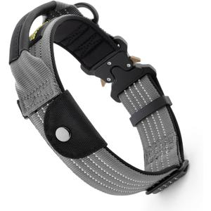 Plutus Pet Tactical Dog Collar with Tracker Pocket for AirTag, Adjustable Reflective Nylon Collar, Metal Buckle, Leather-Wrapped Handle, Soft Padded for Medium Large Dogs (Gray, L)
