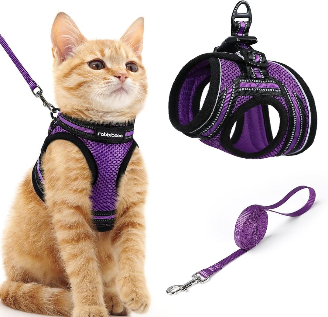 rabbitgoo Cat Harness and Leash Set for Walking Escape Proof, Adjustable Soft Kittens Vest with Reflective Strip for Cats, Comfortable Outdoor Vest, Purple, M
