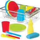 Melissa & Doug Wash and Dry Dish Set - 24 Pieces Kids Play Dishes, Play Kitchen Accessories, Toy Dishes for Kids Kitchen Ages 3+
