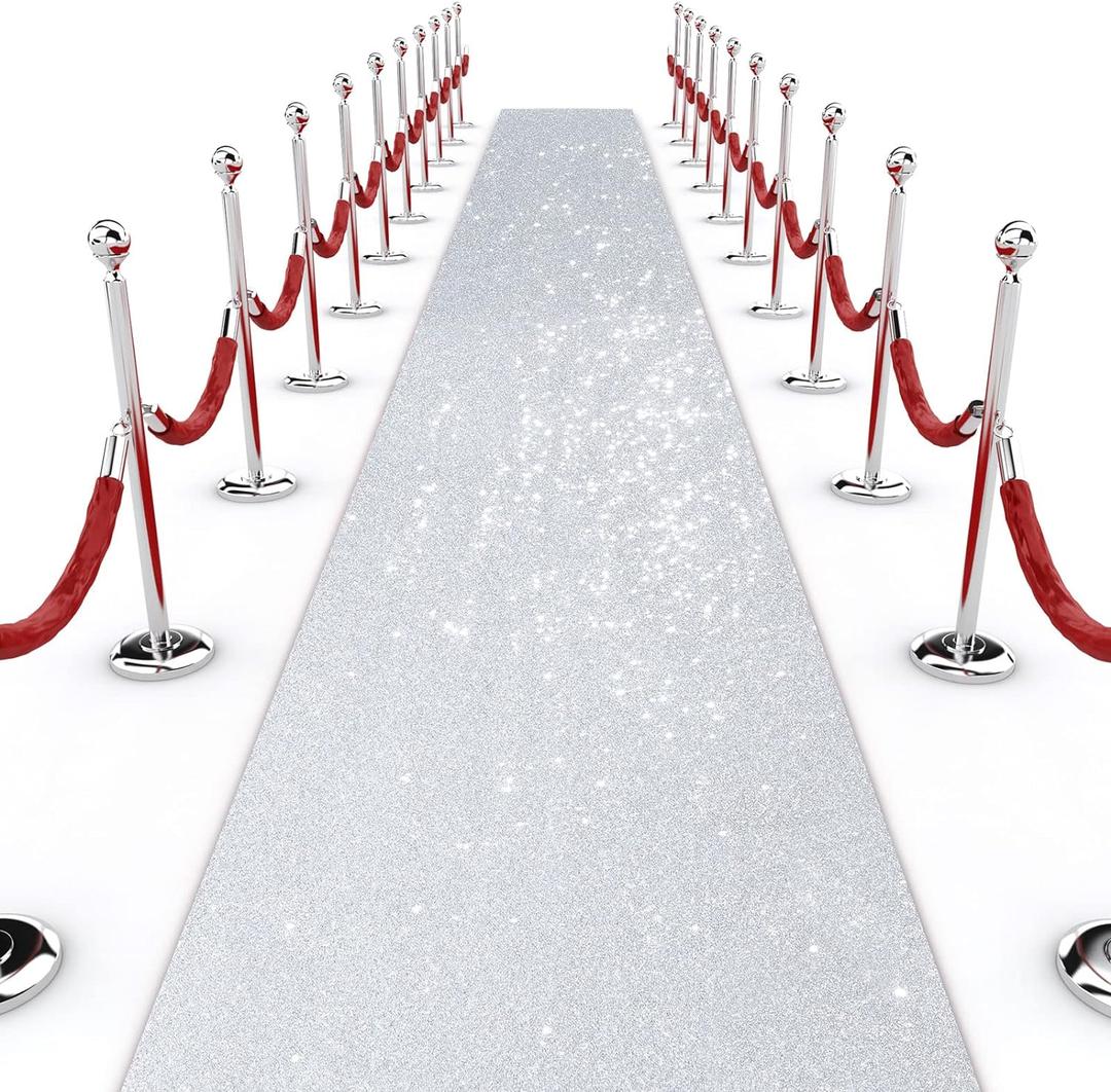 Shihanee Sequin Aisle Runner for Wedding Glitter Rug with Carpet Tape Sparkly Prom Outdoor Floor Birthday Carpet Runner for Ceremony Event Graduation Party(2 x 15 ft,Silver)