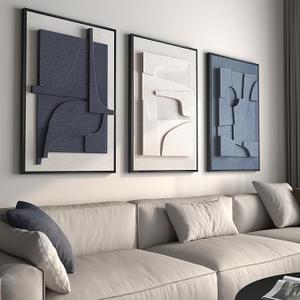 Large 3D Textured Framed Blue and White Abstract Wall Art for Living Room, 3 Piece Modern Artwork for Walls, Minimalist Navy Blue Geometric Paintings for Hallway, Stair, Office Wall Decor 24x36 In