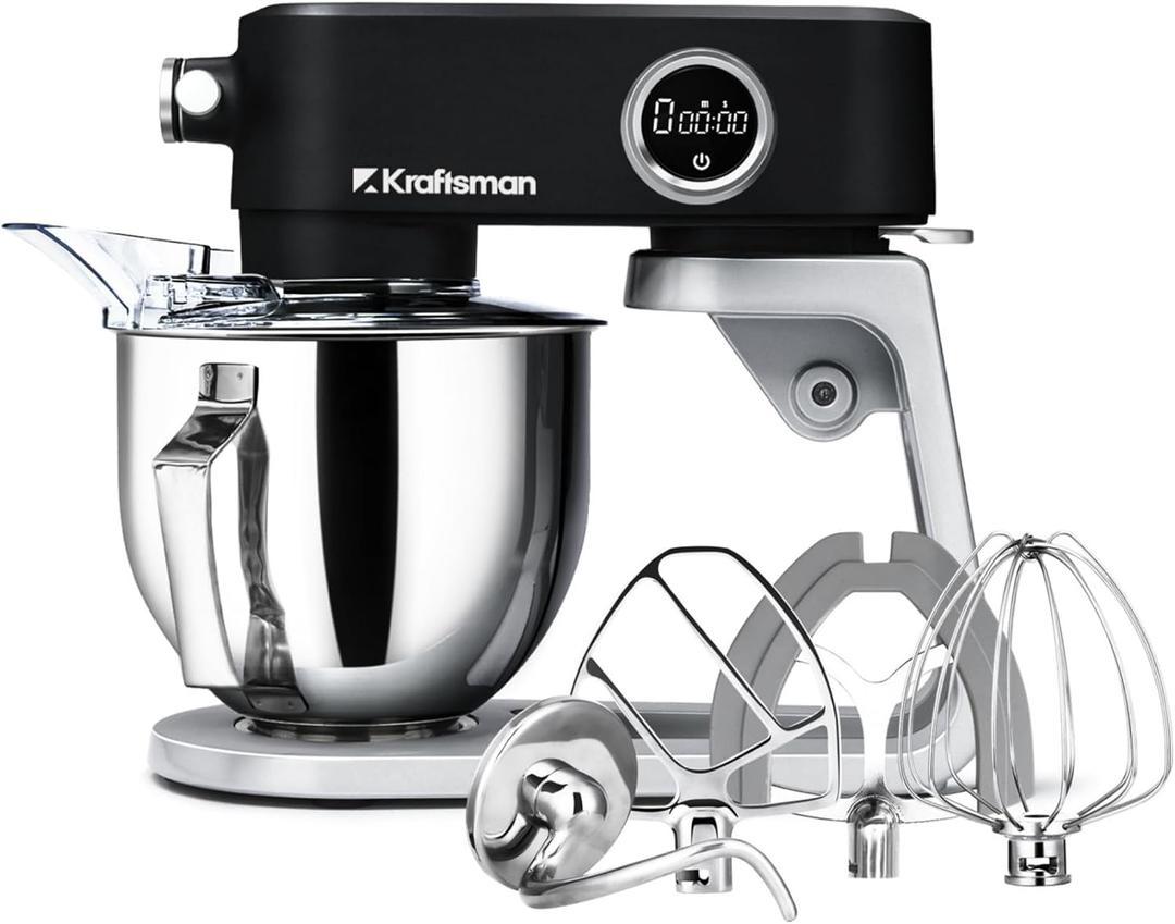All Metal Stand Mixer 5.3 Quart with 4 Stainless Steel Attachments, Heavy Duty Dough Mixer with DC Motor, Lower Noise, Verstile Mixer with Power Hub, 8-Speed & Timer (Black)