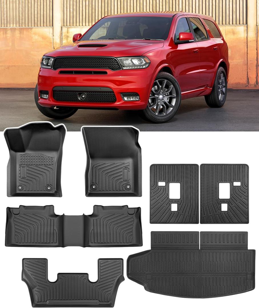 for Dodge Durango Floor Mats: 2016-2025 6-Seater Car Accessories, All-Weather TPE Rubber Backrest mats & Cargo Liner & Carpets Custom Fit for Durango 2024 2023 2022 2021 2020 2019 2018 2017