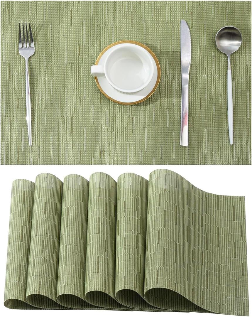 Leetaltree Pea Green Placemats Set of 6 - Heat Resistant Non-Slip Place mats for Dining Table, Washable Durable PVC Vinyl Woven Table MatsPea Green, 6