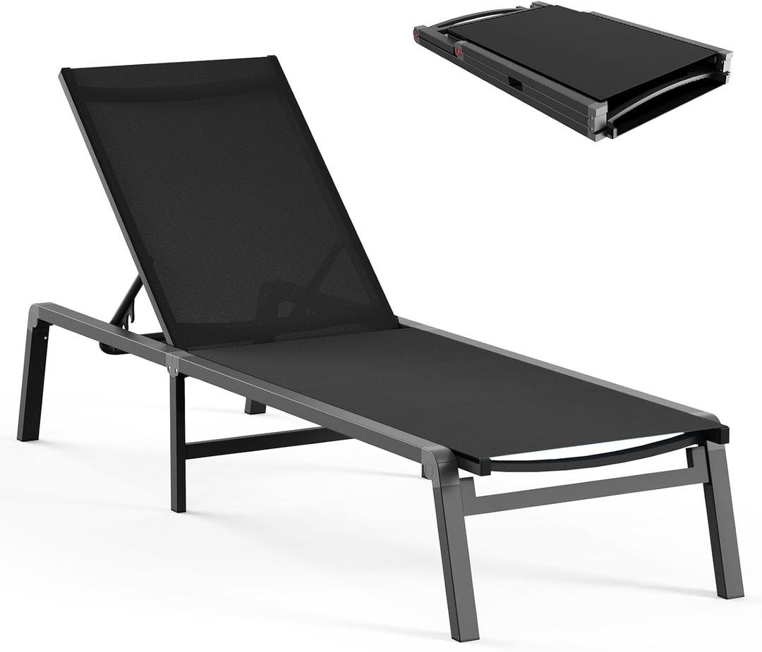 Aluminum Chaise Lounge Outdoor - Foldable & Assemble Free Outdoor Lounge Chair with 5 Adjustable Backrest, Patio Lounge Chair for Outside Poolside Beach Pool, Black (1 Pack)