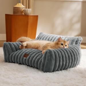 Bedsure Cute Couch for Pets - Fluffy Cat Sofa with Premium Soft Corduroy Fleece, Fuzzy Couch Bed with Removable Washable Cover, Supportive Cat Chair, 24inch, Warm Grey (24x18x10")