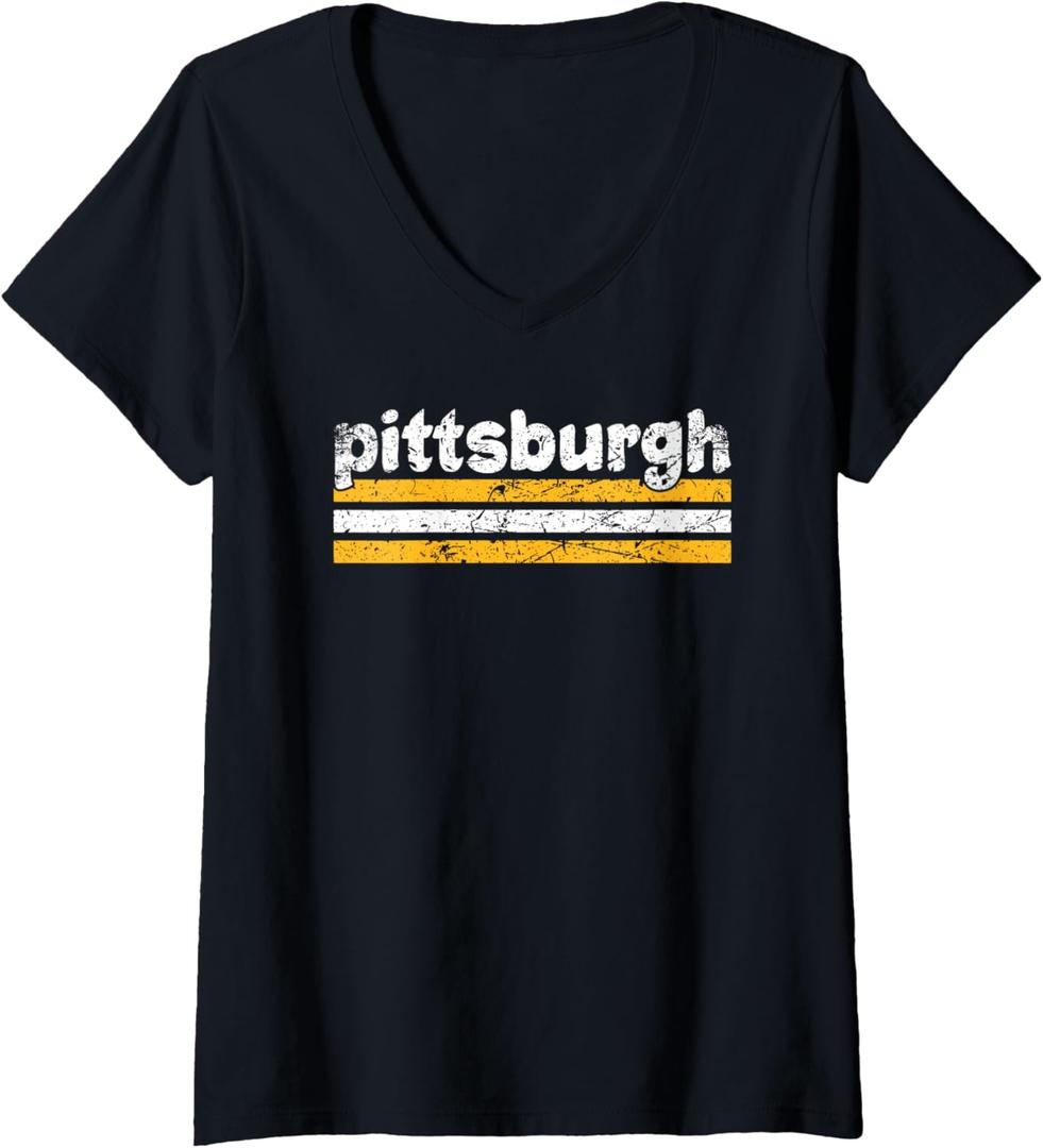 Womens Pittsburgh Pennsylvania Three Stripe Vintage Weathered V-Neck T-Shirt (Small, Black)