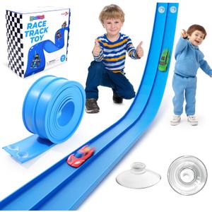 Flexible Race Track Toys for Kids: 15 Ft Flex Race Car Ramp Track with Suction Cups - Rolls Up Portable DIY Racetrack Compatible with Diecast 1/64th Cars Model - Birthday Gifts for Boys Girls Ages 3+