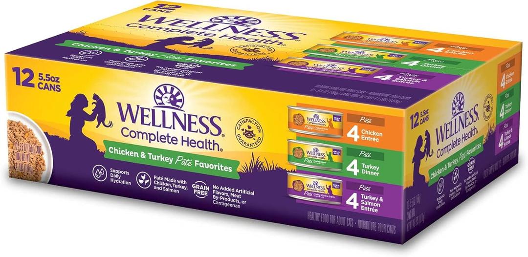 Wellness Complete Health Pate Variety Pack Adult Canned Wet Cat Food, Natural, Protein Rich, Grain Free, Chicken and Turkey Favorites, 5.5 oz, Pack of 12 Cans
