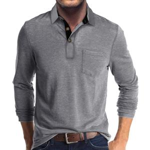 Men's Casual Polo Shirts Classic Button Basic Long Sleeve Shirt Solid Color Cotton Tees Stylish Tops (XX-Large, Light Grey)