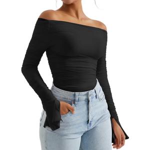 OMKAGI Women Long Sleeve Tops Boat Neck Off Shoulder Shirts Fitted Going Out Y2K Crop Top (Black, S)