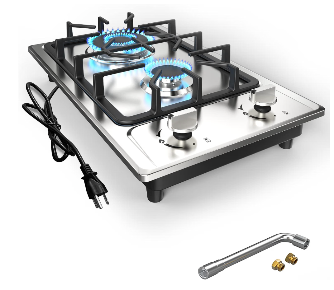 Gas Cooktop Stove 2 Burner, ANHANE 12 Inch Portable Stainless Steel LPG/NG Dual Fuel, Built-in Gas Stove, Ideal for RVs, Apartments, and Outdoor for Cooking