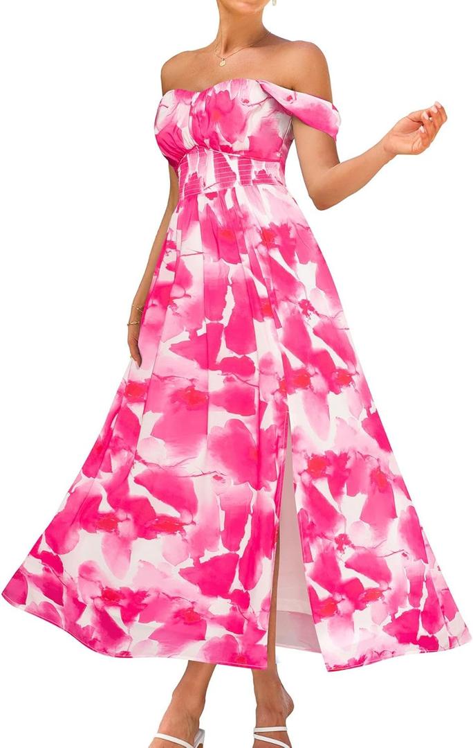 GRACE KARIN 2026 Women's Summer Floral Wedding Guest Dress,Beach Flowy A Line Maxi Off Shoulder Bridesmaid Dresses, Pink Watercolour, Small