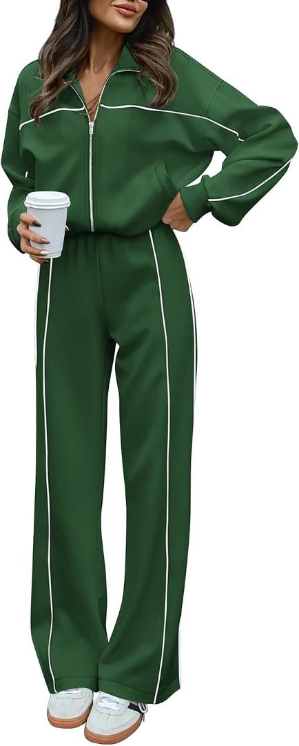 BTFBM Women's Two Piece Tracksuit Spring 2026 Long Sleeve Zip Up Sweatshirt Long Pants Outfits Jogger Sweatsuit Sets(Dark Green,Large)