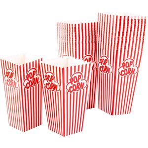 GSM Brands Popcorn Containers Boxes (100 Pack) - Striped White and Red Paper - for Home Movie Theater