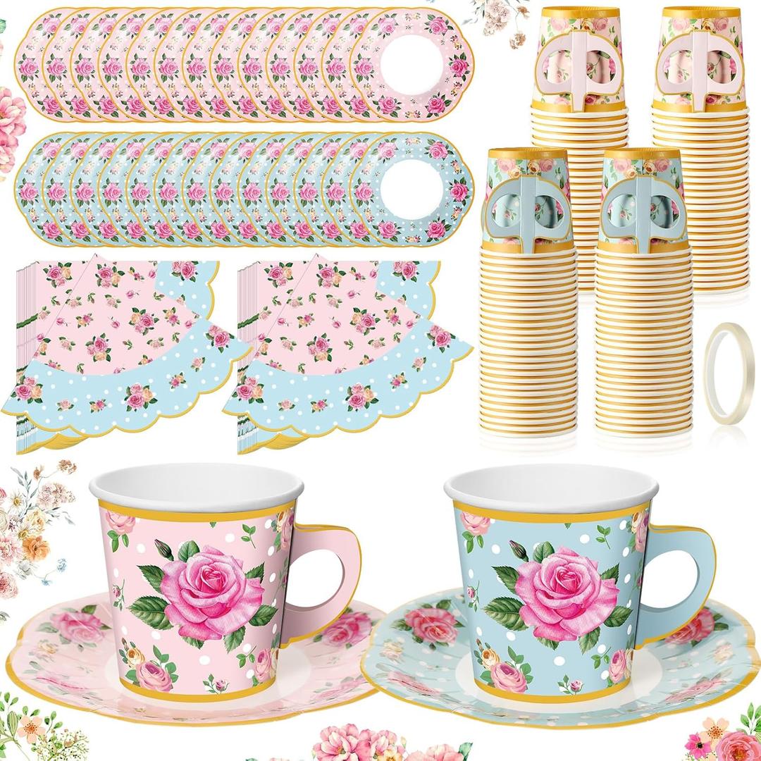Umigy 60 Set Tea Party Decorations 6.5oz Floral Paper Tea Cups with Handle and Saucers Paper Napkins with Tape, Blossom Disposable Cups and Saucers Sets for Wedding Birthday Baby Shower(Elegant)