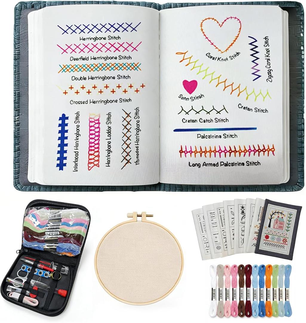 Embroidery Stitch Book Kit Embroidery Kit for Beginners Cross Stitch Kits Includes 106 Patterns,Portable Needlepoint Kit and Sewing Tools,Hand Sewing Linen Fabric Book for Beginners and Craft Lovers