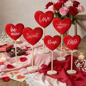 Amyhill 6 Pcs Valentine's Day Table Decorations Velvet Flocked Heart Table Decor Heart Shape Tabletop Centerpiece Standing Wooden Sign Valentines Day Decor for Home Office Shelf(Red)