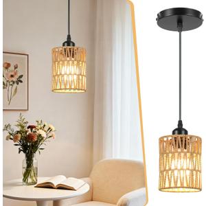 Rattan Pendant Light Kitchen Island, Mini Wicker Pendant Light, Premium Dried Rattan, Adjustable Hand Woven Boho Hanging Lamp for Dining Room Hallway, Sloped Ceiling Compatible, E26 (Beige-W12cm)