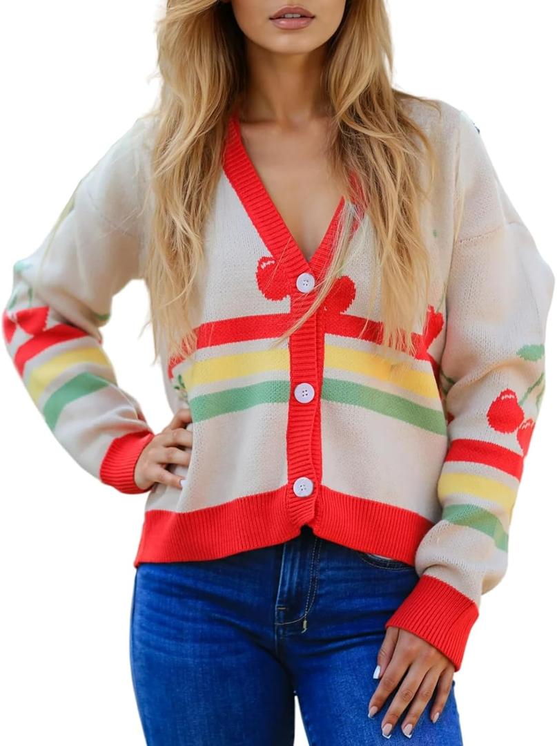 MISS SPARKLING Womens Knit Cardigan Sweater Button Down Long Sleeve V Neck Casual Loose Fit Jacket Lightweight Outerwear (X-Large, Peach Multi)