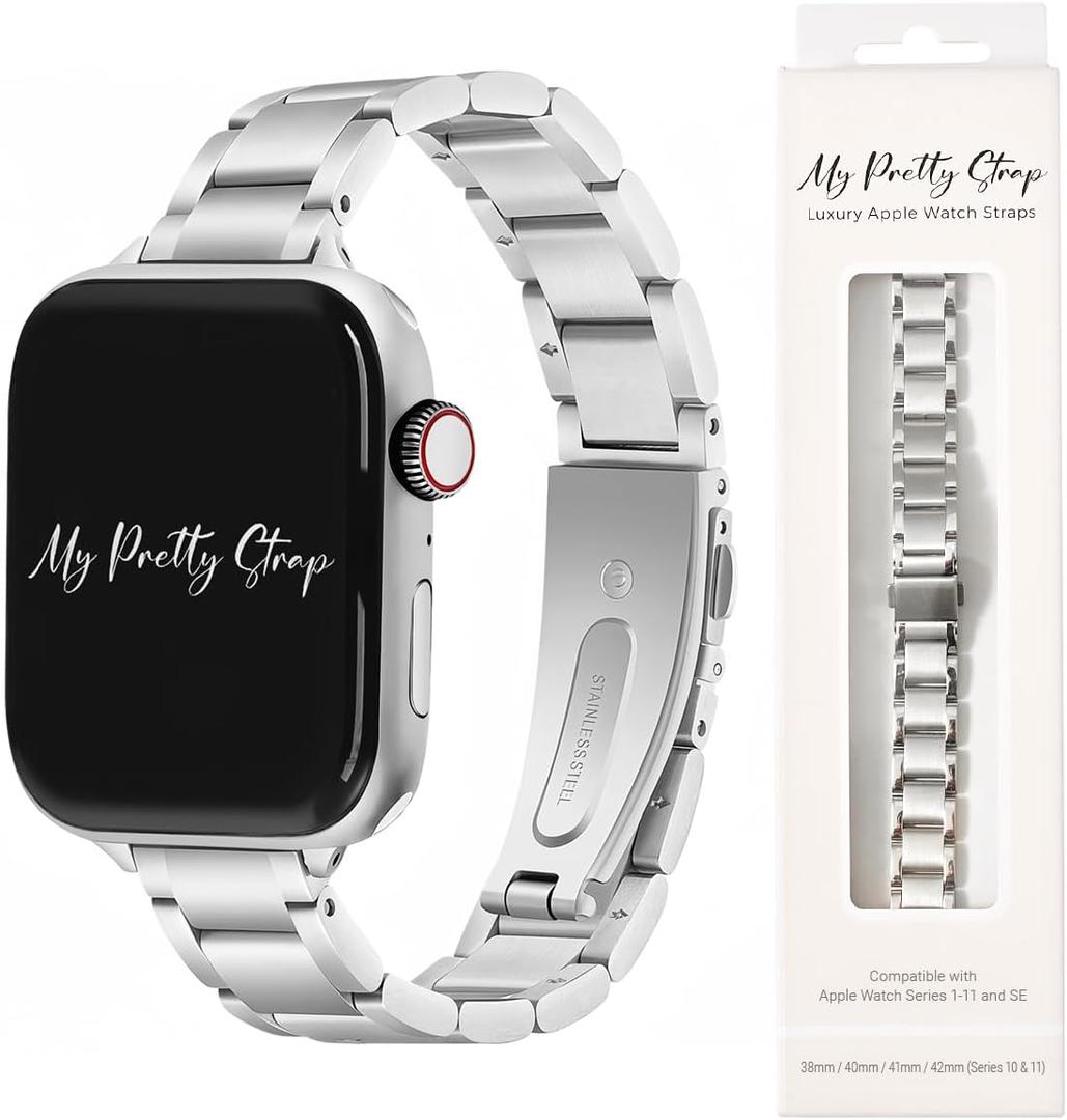 My Pretty Strap - Compatible Apple Watch Band Strap, Stainless Steel Fashion iWatch Replacement Strap- Easy Resizing, No Tool Needed, Fits Most Wrists- Compatible with Series 1-11, SE and Ultra