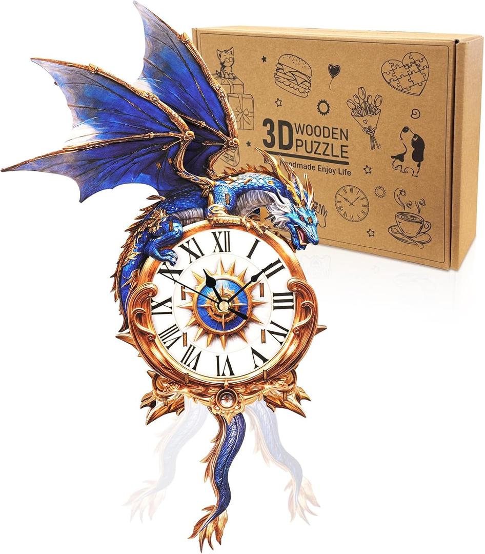 3D Puzzles for Adults Clock-Blue Dragon Design Model Kit-Mechanical DIY Pendulum Clock with Roman Numerals-Desk Home Office Decor Personalized Gift for DIY Lovers