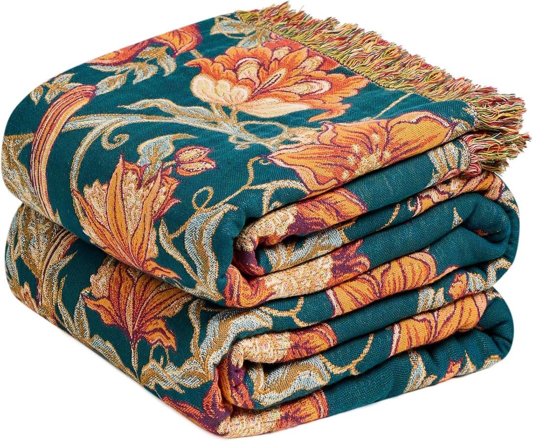 Boho Throw Blanket - 100% Cotton Ultra Soft Muslin Blanket, 60"x80" Lightweight Floral Bird Farmhouse Bedding Summer Blanket for Bed, All Season Blue Bohemian Bedroom Home Decor Quilt