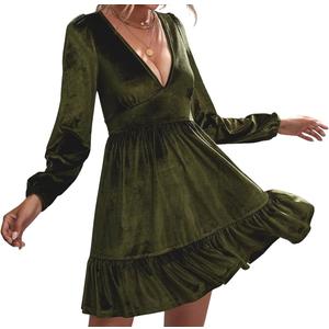 ROYLAMP Women's Dresses Velvet Deep V-Neck Long Sleeve Ruffle Mini Swing Sexy Cocktail Shift Dress (Medium, Dark Green)