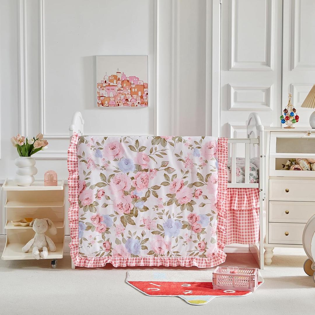 3 Pieces Flowers Crib Bedding Set Baby Ruffled Quilted Comforter with Fitted Sheet and Bed Skirt - Cute Ruffled Shabby Chic Baby Bedding Soft Blanket Floral Design (Blue)