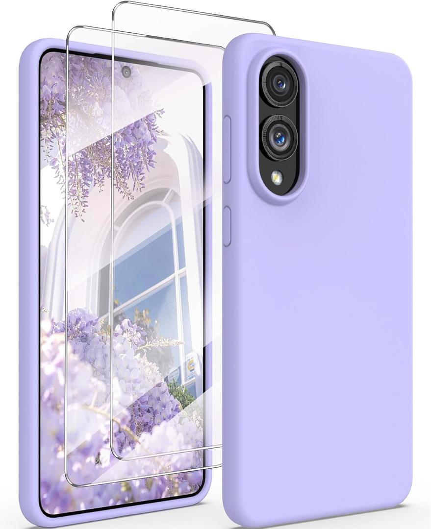 for Samsung Galaxy S25 Edge Case with Glass Screen Protector, Slim Soft Liquid Silicone + Hard PC Shockproof Protective Cover [Anti-Scratch Microfiber Lining] for Galaxy S25 Edge,Light Purple