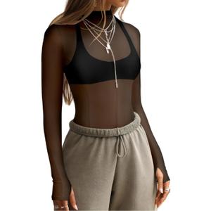 Ahtyeo Womens Mesh Long Sleeve Tops Mock Neck Sexy See Through Tee Shirts Party Club Night Lace Sheer Layering Blouse (Large, Black)