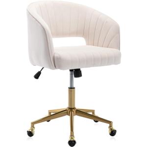Velvet Office Desk Chair, Modern Home Desk Chair with Wheels & Gold Base, Swivel Vanity Chair for Bedroom, Office, Vanity Study (Beige) (Cream)