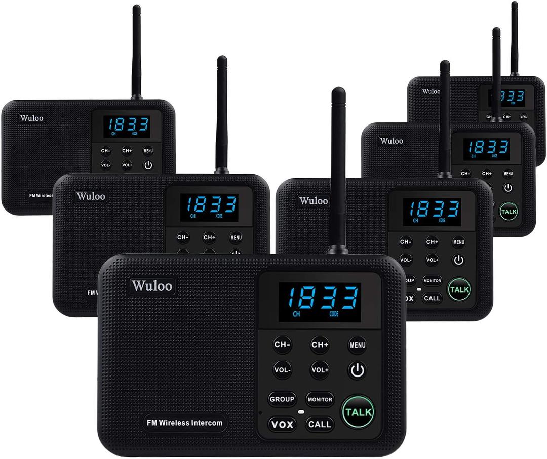 Wuloo Intercoms Wireless for Home 1 Mile Range 22 Channel 100 Digital Code Display Screen, Wireless Intercom System for Home House Business Office, Room to Room Intercom Communication (6 Packs, Black)